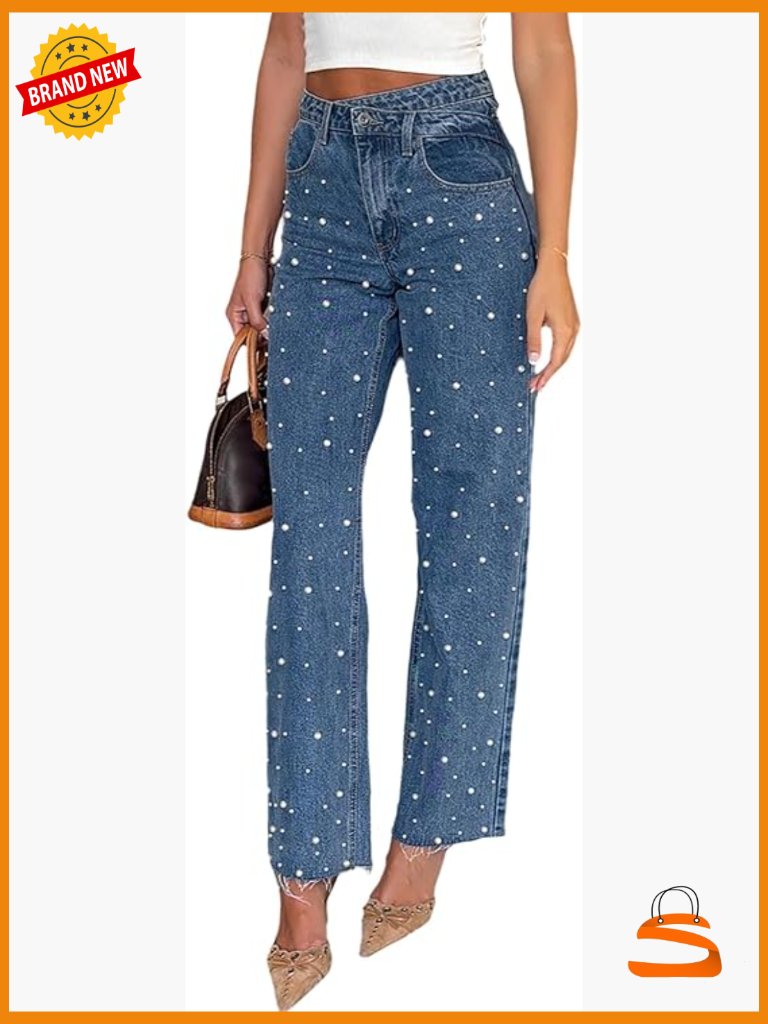 Baggy Y2k Pearl Beaded Straight Leg Jeans Raw Hem High Waist Denim Pants